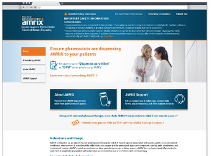 A screenshot of the homepage of a website called Amrix. The website has a blue and orange color scheme with the company's logo at the top. Below the logo there is a navigation bar with links to different sections of the website. The main content of the page is divided into two sections. The top section has a white background with orange and blue accents. On the left side there are two images of two women one wearing a white lab coat and the other wearing a blue lab coat engaged in a conversation. The woman in the lab coat is holding a clipboard and appears to be explaining something to the other woman. The text on the page reads "Ensure pharmacies are dispensing mix to your patients". On the right side of the image the page has a navigation menu with options such as "Home" "About" "Contact" and "About Us". There is also an image of a pill bottle and a magnifying glass indicating that the website provides information about the company and its services.