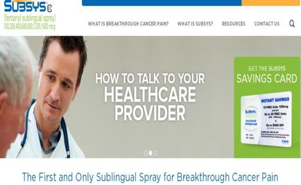 A screenshot of the homepage of a website called Subsys. The website has a blue and white color scheme with the company's logo at the top. On the left side of the page there is a photo of a doctor talking to an older man. The doctor is wearing a white coat and a stethoscope around his neck. He is looking at the older man with a serious expression on his face. The text on the page reads "How to talk to your healthcare provider" and "The First and Only Sublingual Spray for Breakthrough Cancer Pain". On the right side there are two images - one is a savings card and the other is an instant savings card. The savings card has a green background and white text.