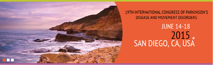 A photograph of a rocky coastline with the ocean in the background. The sky is a beautiful orange and pink color indicating that it is either sunrise or sunset. The water is a deep blue and the rocks are jagged and rocky. On the right side of the image there is a text that reads "19th International Congress of Parkinson's Disease and Movement Disorders June 14-18 2015 San Diego CA USA."