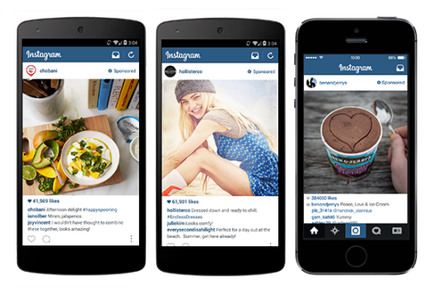 Three smartphones displaying the Instagram app. The first phone on the left has a photo of a plate of food with a fork and knife on it. The second phone in the middle has an image of a young woman wearing a blue dress and a beanie. The third phone has a picture of a cup of coffee with a heart on it and the Instagram logo on the top right corner. All three phones have the same Instagram app open on their screens.