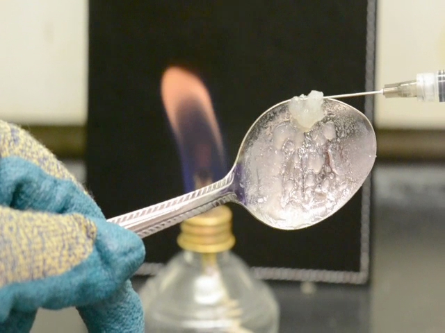 A person's hand wearing a blue glove holding a silver spoon with a small amount of a white substance likely an opioid or another drug on it. There is a syringe inserted into the substance. The background is blurred but it appears to be a laboratory setting with a lit Bunsen burner. The person is likely conducting a scientific experiment or research.