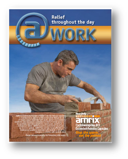 The cover of a magazine titled "Relief throughout the day @work". The cover features a photo of a man working on a brick wall. He is wearing a gray t-shirt and appears to be in the process of constructing the wall. The man is holding a trowel and is using it to flatten the bricks. The background is a blue sky with white clouds. The magazine title is written in orange and yellow text at the top of the cover. Below the title there is a subtitle that reads "Amrix Cyclone-Freeze HCI Extended-Release Capsules". The magazine's logo is also visible in the bottom right corner.