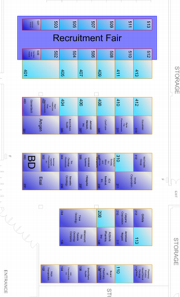 A floor plan of a recruitment fair. It is divided into four sections each with a different color scheme. The top section is blue the middle section is purple and the bottom section is yellow. The blue section has the words "Recruitment Fair" written in bold letters at the top. Below that there is a table with columns labeled "BD" "Storage" and "Entrance". The table has rows of numbers and columns with each row representing a different level of recruitment. The numbers range from 0 to 100 and there are also rows of letters and numbers on the table. On the right side of the image there are two columns labeled as "Storage" and "Storage". On the left side there appears to be a staircase leading up to the top of the table and on the bottom right corner there seems to be another staircase. The floor plan is labeled with the names of the different levels of the recruitment fair such as "BD" and the "Storage."