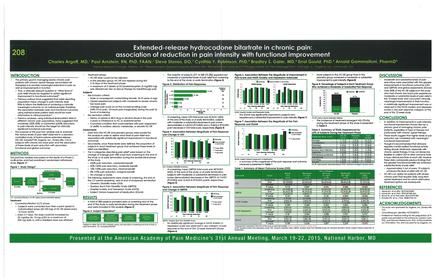 This is a poster with the title Extended-release hydrochloride nitrate in chronic pain : association of reduction in pain intensity with functional improvement. It was originally presented at the 2015 Annual Meeting of the American Academy of Pain Medicine. It includes sections for Introduction Methods Discussion Conclusions References and Acknowledgments as well as 10 data visualizations.