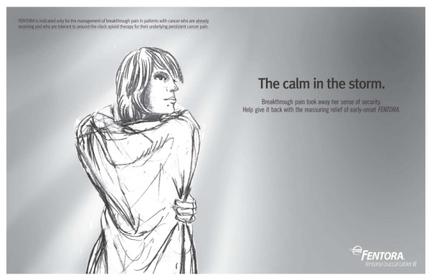 A black and white sketch of a woman standing with her back to the viewer. She is wearing a long-sleeved shirt and has shoulder-length hair. The woman appears to be deep in thought with her eyes closed and her head tilted slightly to the side. The background is a plain grey color. On the right side of the image there is text that reads "The calm in the storm. Breakthrough pain took away her sense of security. Help give it back with the reassuring relief of early onset mentor."