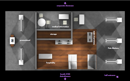 A floor plan of a medical office space. The floor plan shows the layout of the space including the reception area medical information storage hospitality and hall entrance. The reception area is located in the center of the image with a desk and a chair on the left side. On the right side there is a reception desk with a computer monitor and a keyboard. Above the desk there are several medical equipment such as a stethoscope a thermometer and a medical device. There are also several other medical equipment scattered around the room including a desk lamp a chair and an air conditioning unit. The room is divided into two sections with the left section showing the reception desk and the right section showing a hospital room. The hospital room has a large window with a view of the city skyline. The image also has a purple arrow pointing to the right indicating the location of the office space which is labeled as "corporate showcase".