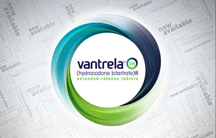 A logo for a company called cantrell. The logo is in the center of the image and is a circular shape with a blue and green color scheme. The blue color is on the top left corner and the green color is in a darker shade on the bottom right corner. The text "Vantrelaa" is written in white in the middle of the circle. Below the blue color there is a text that reads "hydrocodone nitrate (extended-release tablets)". The text is in black and is surrounded by a white background. The overall design is modern and minimalist.