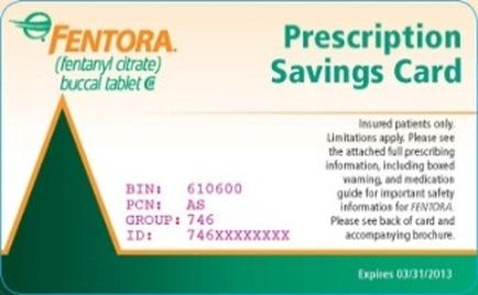 A prescription savings card for mentor (fentanyl citrate) buccal tablet. The card has a green triangle on the left side and a white background. On the right side there is a text that reads "Prescription Savings Card" in bold black font. Below the text there are two lines of text that read "Insured patients only. Limitations apply. Please see the attached full prescribing information including boxed warning and medication guide for important safety information for fedora. Please note back of card and accompanying brochure. Expires 03/31/2013." The card also has a number "BIN: 610660" and the text "PCN: AS" in smaller font. There is also a small logo of the company on the top left corner of the card.