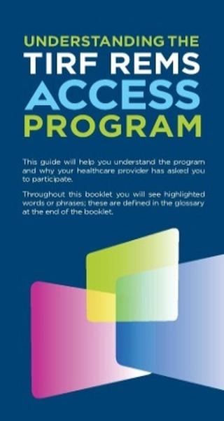 A cover page of a book titled "Understanding the tire REMS Access Program". The background is a dark blue color with white text. The title of the book is written in large bold font at the top of the page. Below the title there is a subtitle that reads "This guide will help you understand the program and why your healthcare provider has asked you to participate. Throughout this booklet you will see highlighted words or phrases these are defined in the glossary at the end of the booklet." The cover page also has three colorful squares in different colors - pink yellow and green - arranged in a diagonal line. The squares are overlapping each other creating a sense of depth and dimension. The overall design is modern and eye-catching.