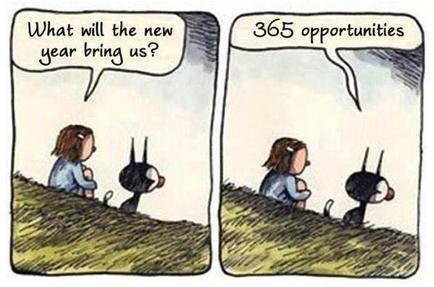 A comic strip with two panels. In the first panel there is a girl sitting on a hill with a speech bubble above her head that reads "What will the new year bring us?" The girl is looking at a black cat that is standing on its hind legs. The cat is looking up at the girl with a curious expression. The background is a cloudy sky. The text in the speech bubble reads "365 opportunities."