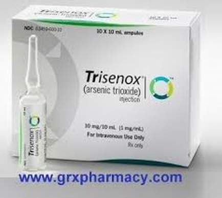 A white box with the brand name "Trisenox" written on it. The box is rectangular in shape and has a green and white logo on the top left corner. On the right side of the box there is a small dropper bottle with a dropper cap. The bottle is labeled "10 mg/10 ml (1 mg/ml) for intravenous use only" and has the website "www.grxpharmacy.com" written below it. The box also has a label that reads "10 x 10 ml ampoules" which is likely the name of the product. The label also mentions that the product is an arsenic trioxide injection.