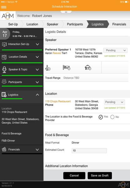 A screenshot of a mobile application called "Schedule Interaction". The application is called "AHH" and it appears to be a set-up for a specific location. On the left side of the screen there is a list of options for the user to choose from. The options include "Location" "Speaker" "Logistics" "Pending" and "financial". On the right side there are two options - "Location Details" and "Location". At the top of the screenshot the user's name Robert Jones is displayed in bold letters. Below the name it says "Set-Up" in a smaller font size. The background of the app is a light blue color and there are several icons scattered throughout the screen. The icons include a speaker a speakerphone a phone and a map. The speakerphone icon is green the phone icon is white and the map icon is black. The map icon shows the location of a restaurant the location is located in the United States the restaurant is located at 30 West Main Street the food and beverage provider is located near the restaurant and it is located next to the restaurant's location. There is also a checkbook next to it that says "Yes" and a "No" button. At the bottom of the image there has a "Save as Draft" button and a button to save the draft.