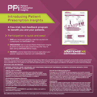 An advertisement for Patient Prescription Insights. The background of the image is a light purple color with the text "PPI Patient Prescription Insights" in bold white letters at the top. Below the text there is a green banner that reads "Introducing Patient Prescriptions Insights" with the phrase "A free-trial fast-feedback program to benefit you and your patients". Below this there are three steps on how to participate in the program. It also mentions that participation is quick and easy.<br /><br />On the right side of the page there appears to be a sample form as well as the XARTEMIS XR logo. At the bottom of the page there is important risk information.