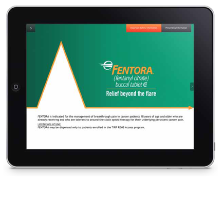 A web-based advertisement for Fentora (fentanyal citrate buccal tablet CII) with the tagline "Relief beyond the flare". It is displayed on a tablet computer in landscape orientation.