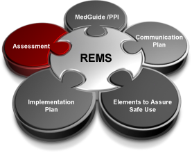 A data visualization in the form of a puzzle. The central piece which connects to every other piece is "REMS" (that is Risk Evaluation and Mitigation Strategies). The other pieces are  "MedGuide / PPI" "Communication Plan" "Elements to Assure Safe Use" "Implementation Plan" and "Assessment" (going clockwise from the top). Those pieces of contiguous to each other but do not connect with any other puzzle pieces. The background is white with puzzle pieces in gray silver and red with text in white and black.