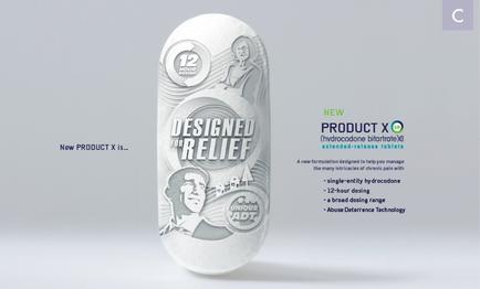 A product advertisement for a product called "Designed for Relief". The product is in the shape of an oval and is white in color. The oval has a circular design with a black and white illustration of a woman's face in the center. Above the illustration there is text that reads "12 Hour Relief" in a bold sans-serif font. Below that there are two smaller illustrations of a man and a woman one with their arms around each other and the other with their hands on their hips. The text below the illustration reads "New Product X" in black font. On the right side of the oval there has a list of the product's features including its new product X (hydrochloroquine biodegradable) and its extended-release technology. The list also mentions that the product is designed to help relieve pain and discomfort. The overall design of the advertisement is modern and minimalist with a focus on the product and its benefits.