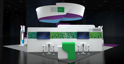 A 3D rendering of a trade show booth. The booth is white with a green and purple design on the front. Above the booth there is a large circular logo with the letters "CNS" in green. The logo is surrounded by a purple and white wave-like design. The booth has a modern and sleek design with a white countertype and a green bench in front of it. There are four white bar stools on either side of the countertype. On the left side there are two white banners with the same logo. The background is black and the overall color scheme of the booth is predominantly white purple and green.
