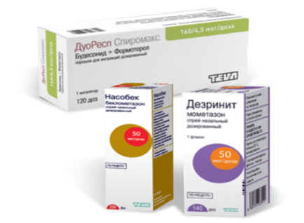 Three boxes of medicine. The first box is white with a green label that reads "Духоресси Слипровомакс" which translates to "160/4.5 мля/года" in English. The second box is yellow with a red label that says "hacek" and "50 магазинит" in Russian. The third box is purple with a white label that has the same text as the first box. All three boxes are arranged in a triangular formation. The background is black.
