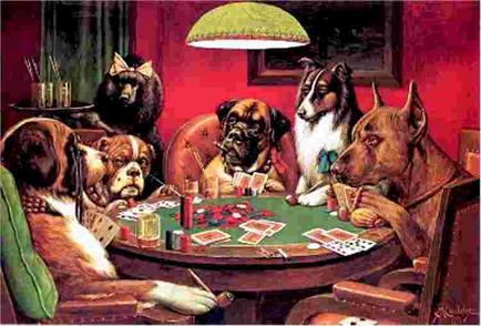 A painting of a group of dogs sitting around a poker table in a room with red walls and a green lamp. There are six dogs in the image three of which are sitting on the left side of the table while the other three are on the right side. The dogs are of different breeds including a brown dog a black dog and a brown and white dog. They are all looking at the cards on the table and appear to be engaged in a game of poker. In the center of the image there is a large brown dog sitting on a chair holding a poker chip in its mouth. Next to it there are several other dogs including two brown dogs and one black dog. On the table in front of them there is also a stack of playing cards and a few poker chips. The table is covered with green felt and there are poker chips scattered across it. The overall mood of the painting is relaxed and casual suggesting that the dogs are enjoying a game together.