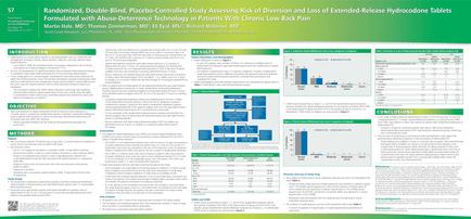 A page from a research paper titled "Randomized Double-Blind Place-Based-Controlled Study Assessing Risk of Diversion and Loss of Extended-Release Hydrochloride Tablets Formulated with Abuse-Determine Technology in Patients with Chronic Low Back Pain". The page is divided into three sections. The first section is titled "Introduction" and has a title that reads "Introduction". Below the title there is a table with three columns. The first column is labeled "Objective" the second column has a list of methods and the third column has two graphs. The graphs show the results of the study which are blue and green in color. The table also has a bar graph that shows the percentage of patients who have been diagnosed with chronic low back pain. The results are represented by different colors with the blue representing the highest percentage and the green representing the lowest percentage. At the bottom of the page there are several bullet points that provide further information about the study.