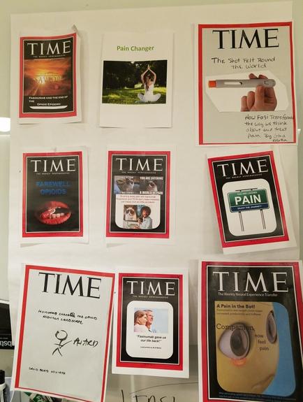 A collection of nine posters hanging on a white wall. The posters are arranged in a grid-like pattern and are of different sizes and colors. Each poster has a title and a brief description of the topic. The first poster on the top left has a red cover with the word "TIME" written in white text. The second poster has an image of a person's hand holding a pen and writing on a piece of paper. The third poster has the title "Pain Changer" written on it. The fourth poster has two images of a woman's face and the fifth poster has three images of people's faces. The sixth poster has another image of an eye with the words "Pain" written above it. All the posters appear to be related to the topic of pain and the importance of taking care of one's health.