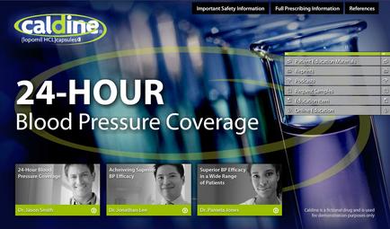 A screenshot of the homepage of a website called "calcine 24-Hour Blood Pressure Coverage". The website has a blue and green color scheme with the logo of the company on the top left corner. The background is blurred but it appears to be a laboratory setting with a beaker and test tubes. On the right side of the image there is a menu bar with various options such as "Important Safety Information" "Full Prescription Information" and "References". Below the menu bar there are three images of three people - Dr. Jason Smith Dr. Jonathan Lee and Dr. Pamela Jones - who are featured on the website. The text on the image reads "24-Hour blood pressure coverage" and "Achieving Superior BP Efficiency in a Wide Range of Patients".