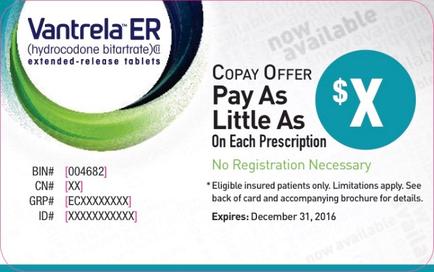 An advertisement for cantrell ER (Hydrocodone nitrate) extended-release tablets. The background of the image is white with a green circle on the left side. On the right side there is a blue circle with the text "Copy Offer Pay As Little As On Each Prescription" and a dollar sign. Below the circle there are two lines of text that read "No Registration Necessary" and "Eligible insured patients only. Limitations apply. See back of card and accompanying brochure for details. Expires: December 31 2016." The text is in black font and is centered on the image.