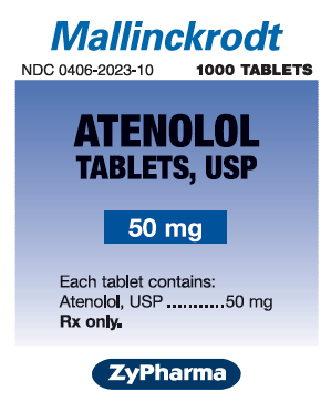 A label for Mallinckrodt atenolol tablets USP 50mg. The label is rectangular in shape and has a blue background with black text. It also reads "NDC 0406-2023-10" and "1000 Tablets". Below the text there is a description of the medication which states that each tablet contains 50 mg of Atenolol USP and 50 mg and that it is Rx only. At the bottom of the label there is a logo for ZyPharma.