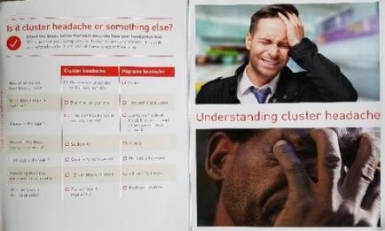 A page from a book titled "Is it cluster headache or something else?". The page is divided into two sections. On the left side there is a list of questions and answers related to cluster headaches. The questions are: - Cluster headache - Migraine headache On the right side of the page there are two images. The first image is of a man with his head in his hands smiling and holding his head with both hands. He appears to be in pain or discomfort. The second image is an illustration of a person experiencing cluster headaches with their eyes closed and their head tilted back. The text on the page explains that cluster headaches are a common symptom of migraine headaches and that they can be caused by a variety of factors such as headaches headaches and headaches.
