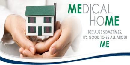 A pair of hands holding a small toy house. The house is white with a green roof and has four windows. The hands are gently cradling the house with the fingers slightly curled around the edges. The background is a light blue color and there is text on the right side of the image that reads "Medical Home" and "Because sometimes it's good to be all about me."