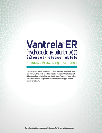 A cover page of a book titled "cantrell ER (hydrocodone bitartrate) extended-release tablets". The background is a light green color with a hexagonal pattern. The title of the book is written in black text in the center of the page. Below the title there is a subtitle that reads "Annotated Prescribing Information". The subtitle also mentions that the book contains information about the contents of the prescription. The author's name is written below the title in smaller text. At the bottom of the cover page there are two bullet points that read "For internal training purposes only. Not intended for use with customers."