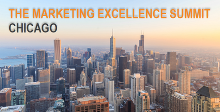 A photograph of the Chicago skyline at sunset. The sky is a beautiful orange and pink color and the buildings are silhouetted against the horizon. The buildings are of various sizes and shapes with some taller and others shorter. The Chicago River can be seen on the left side of the image winding its way through the city. The image is accompanied by text that reads "The Marketing Excellence Summit Chicago."