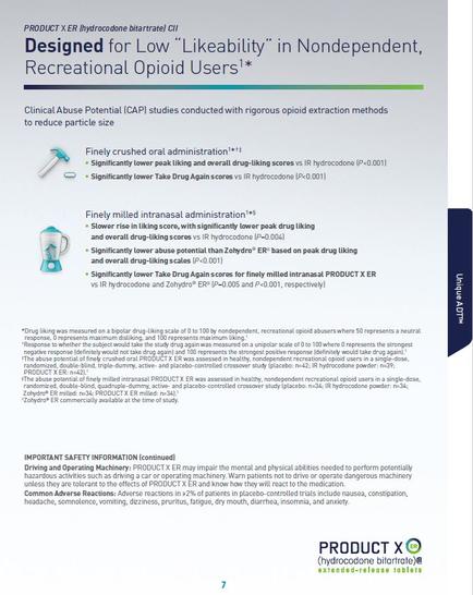 A document titled "Designed for Low "Likeability" in independent Recreational Opioid Users". The document is divided into three sections. The first section is titled "Clinical Abuse Potential (CAP) studies conducted with rigorous opioid extraction methods to reduce particle size". The second section is labeled "Finally crushed oral administration" and has a description of the study. The third section has an illustration of a pill bottle and a magnifying glass representing the study's findings. The text on the document explains that the study is focused on the study of low-likeability in recreational opioid users and that it is important to be aware of the potential risks associated with it.