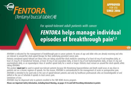 An advertisement for mentor (fentanyl buccal tablet) for opioid-tolerant adult patients with cancer. The background of the image is green and the text is in white. The text is divided into two sections. On the left side there is a red arrow pointing upwards indicating that the tablet is approved for use since 2006. On the right side it is written in black text. Below the arrow there are two bullet points that explain the benefits of the tablet. The first bullet point states that mentors is an indicator for the management of breakthrough pain in cancer patients 18 years of age and older who are already receiving and who are concerned about the spread of the disease. The second bullet point explains that the tablets are not used in opioid treatment and that they are not available for use in the treatment of cancer patients. The third bullet point mentions that the product may not be used in a variety of conditions such as pain inflammation and inflammation. The fourth bullet point emphasizes that the FDA is not responsible for the use of the medication and that it may be used to treat the condition.