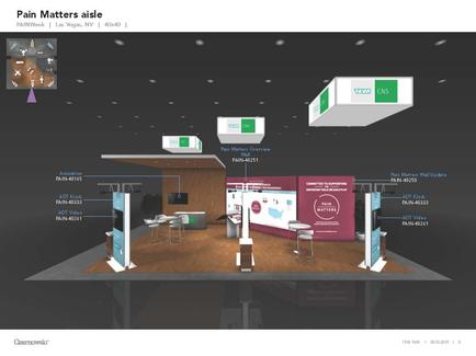 A 3D rendering of a trade show booth design for a company called "Pain Matters Aisle". The booth is located in a large room with a high ceiling and black walls. The booth has a wooden floor and a large screen on the right side displaying the company's logo and contact information. There are several booths on the left side of the booth each with a different design and color scheme. On the top left corner there is a large banner with the company name and logo in white and green text. Below the banner there are several smaller banners with the same logo and text. On the top right corner the booth has two large screens displaying information about the company. The booth also has a desk with a computer monitor and a chair in front of it. There is also a large window on the wall that allows natural light to enter the booth. The overall design is modern and professional with a focus on the company and its products.