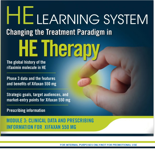 The cover page for "Module 3 : Clinical Data and Prescribing Information for Xifaxan 550 mg" created by HE Learning System ("Changing the Treatment Paradigm in HE Therapy"). It includes a photograph of a small pink pill held between the thumb and index finger of a disembodied right hand which appears to be glowing (that is is backlit dramatically in light green with blurry edges). The background is a dark blue gradient with graphic elements in light green and white with text in light green white and light blue.
