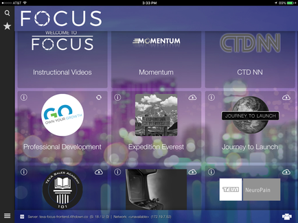 A screenshot of the homepage of a website called "FOCUS". The website has a purple background with white text that reads "Welcome to Focus" at the top. Below the text there are six icons arranged in a grid-like pattern. The first icon on the top left corner is the logo of the website which is a white circle with the word "GO" in the center. The second icon is a black and white image of a mountain peak with a blue sky and clouds in the background. The third icon is an illustration of a person standing on a rock with their arms outstretched with the words "Momentum" above them. The fourth icon is of a planet with the text "CTD NN" below it. The fifth icon is from the website "Professional Development" and the sixth icon is for "Expedition Everest". At the bottom of the page there is a navigation bar with various options such as "Journey to Launch" "neuropath" and "tea". There are also two buttons on the right side of the screen - "Home" and "About".