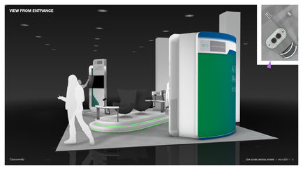 A 3D rendering of a modern exhibition stand with a green and white color scheme. The stand has a large screen on the right side and a desk on the left side. There are two chairs and a table in front of the desk and a person is standing in the center of the stand. The background is black and there is a white wall behind the stand with the words "View from Entrance" written on it. On the top right corner of the image there is an illustration of a door handle.