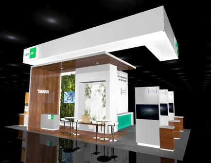 A 3D rendering of a trade show booth. The booth is white with a green and orange logo on the top left corner. The front of the booth has a large window with a view of trees and plants. There are two white tables and chairs in front of a large screen on the wall. On the right side of the image there is a white reception desk with a computer monitor on top. The floor is made of wood and there are several potted plants scattered around the booth.