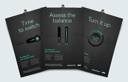 A tri-fold brochure or flyer design with a black background and white text. The title of the brochure is "Assess the balance" and it is divided into three sections. The first section on the left side of the page has the title "Time to switch" in bold white letters. Below the title there is a green button that says "opioid". The second section has the text "The future of pain control is here" in white letters followed by a brief description of the concept. The third section has a green circle with the words "Turn it up" in black letters. On the right side there are two buttons - "Quality of life" and "Quality". The first button is a toggle switch which is used to adjust the volume of the switch. The toggle switch is also green and has a white background. The text is in a modern sans-serif font and is centered on the page. The overall design is simple and minimalist.