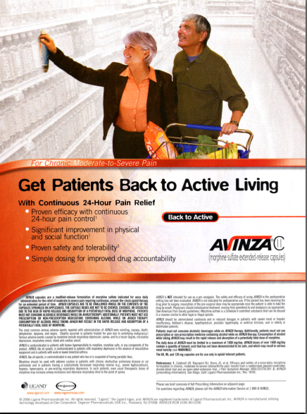 An advertisement for Avinza. The advertisement features a man and a woman standing in a grocery store aisle with a shopping cart. The woman is pulling a bottle off of a shelf while the man watches and holds the cart. They are both smiling and appear to be happy.<br /><br />The advertisement has an orange center panel that reads "Get Patients Back to Active Living" in bold black letters with several bullet points of product information and the Avinza logo.