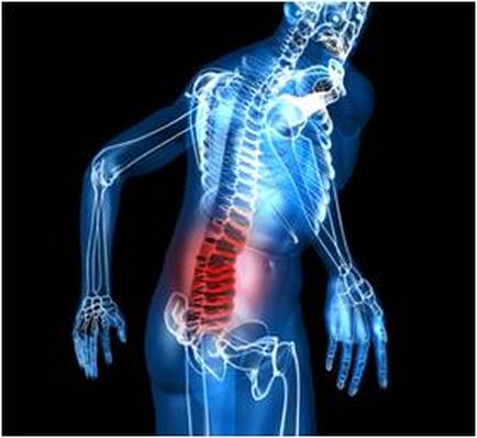 A 3D rendering of a human skeleton specifically the lower back and neck area. The skeleton is shown in a blue and white color scheme with the bones and muscles clearly visible. The background is black making the skeleton stand out. In the center of the image there is a large red area which appears to be the spine which is highlighted in red. The spine is located in the lower part of the body and the bones are arranged in a way that they form a symmetrical pattern around it. The bones are connected by thin lines creating a sense of depth and dimensionality. The image is likely meant to represent the pain and discomfort associated with lower back pain.