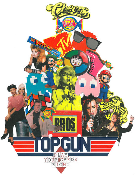 A collage of various elements related to the popular video game series Top Gun. The background is white and the main focus is on the top left corner of the image. The top right corner has the words "Cheers Bubbly" written in yellow and red with the word "Top Gun" written above it. Below that there is a red and white striped banner with the text "Play Your Cards Right" in red and blue. The collage is made up of various cartoon characters from the game including a woman in a yellow dress a man in a black suit a woman with blonde hair and a man with red hair. The characters are arranged in a way that they form a pyramid-like shape with some overlapping each other. The overall effect is a colorful and playful design that conveys the theme of the game.