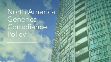 A tall modern building with a glass facade. The building appears to be a high-rise structure with multiple levels and balconies. The sky is blue with white clouds scattered across it. On the left side of the image there is a text overlay that reads "North America Generics Compliance Policy."