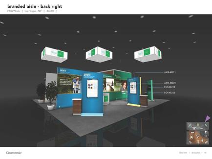 A 3D rendering of a trade show booth design. The booth is divided into three sections each with a different color scheme - blue green and white. The blue section has a large screen on the left side displaying information about the booth's features while the green section has an image of a man and a woman on the right side. The booth is set up in a modern and professional manner with a black floor and white walls. There are several potted plants scattered around the booth adding a touch of greenery to the space. The ceiling is black and there are several white boxes hanging from the ceiling creating a sense of depth and dimension. The overall design of the booth is sleek and modern with clean lines and minimalist elements.