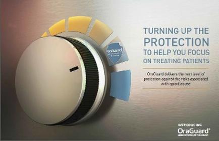 An advertisement for outguard a company that provides protection against the risk associated with ovid-19. The advertisement features a close-up of a smoke detector which is a device used to detect smoke and alert people of potential danger. The detector is round and silver in color with a black stripe running along the bottom. On the top left corner there is a yellow circle with the company's logo and text that reads "Turning up the protection to help you focus on treating patients." On the right side of the image there are two blue arrows pointing towards the detector one pointing towards it and the other towards it. The text on the image reads "outguard delivers the next level of protection against COVID19 with a safe and secure solution."