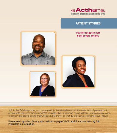 An advertisement for H.P. Acthar Gel (repository corticotropin injection) 80 U/mL with the tagline "Patient stories : Treatment experiences from people like you". It includes 3 headshots of middle-aged people (a black man a black woman and a white woman all in business clothing) placed within "frames" on a "wall" (suggesting an art gallery with a wooden floor). The background is beige and brown with graphic elements in blue with text in purple white and black.