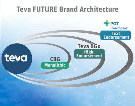 A graphic representation of the tea Future Brand Architecture. It has a blue background with white dots scattered throughout. On the left side of the image there is a blue circle with the word "tea" written in white. Inside the circle there are three overlapping circles each representing a different aspect of the brand. The first circle is labeled "CBG Monolithic" and has a green label that reads "tea BGX High Endorsement". The second circle is labelled "Text Endorsements". The third circle has a white label that says "PGT Healthcare". Overall the image conveys the idea that tea is a future brand architecture that is designed to provide high-end services to businesses.