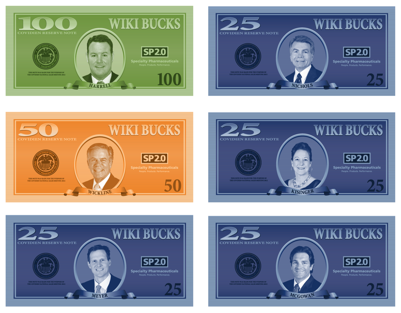 A set of six pretend banknotes each labeled Wiki Bucks Each of the banknotes has a headshot of a different person at the center labeled with what is presumably their last name. A green banknote has the value "100" and shows the headshot of man Harrell. An orange banknote has the value "50" and shows a headshot of a different man Wickline. Four banknotes are blue and have the value "25". They show the headshots of three men and a woman named Meyer Nichols Kisinger and McGowan.