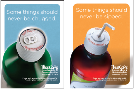 An advertisement for TussiCaps. It is divided into two sections. On the left side there is a green bottle with a white cap that appears to have a tab for a soda can on top. The label has the words "Some things should never be chugged" written in white text. The background of the image is a light blue color.<br /><br />On the right side of the left section there is an image of a cough syrup bottle. The bottle is red and has a white straw sticking out of the top. It has the words "Some things should never be sipped" in white text. The background of the image is orange in color. Both sections have the TussiCaps logo in the bottom right corner.